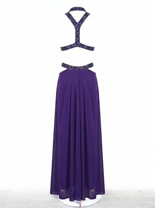 Rhinestone Cut-Out Halter Dress in purple, product shot on a plain background, VeroMarka