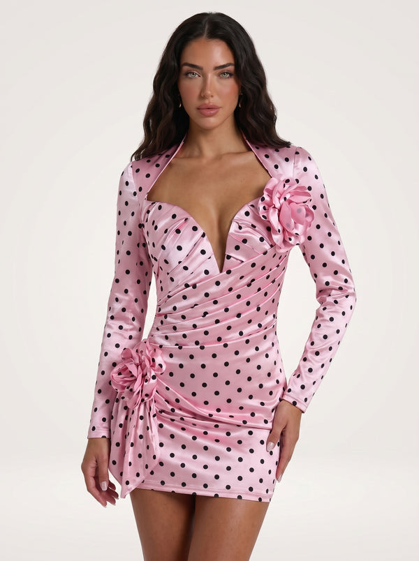 RoséLuxe Bloom Mini Dress in pink polka dot, close-up of the bodice and rosettes, VeroMarka