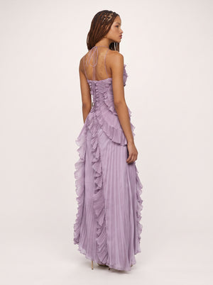 Ruffled Pleated Halter Maxi Dress in lilac, back view on model, VeroMarka