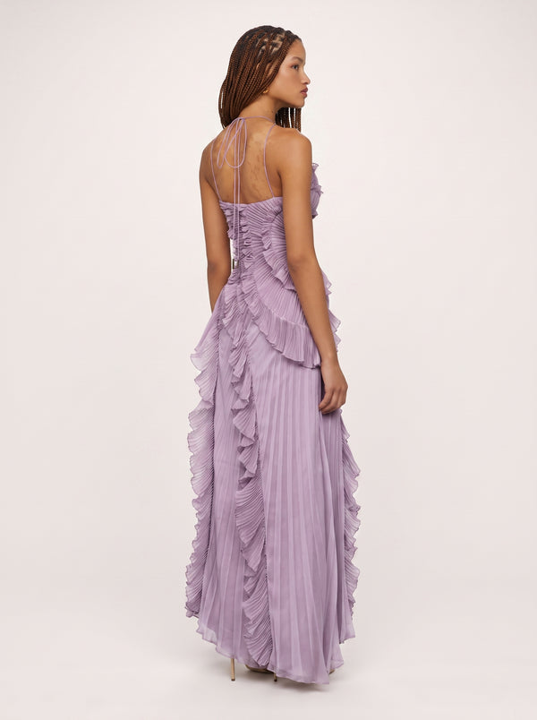 Ruffled Pleated Halter Maxi Dress in lilac, back view on model, VeroMarka