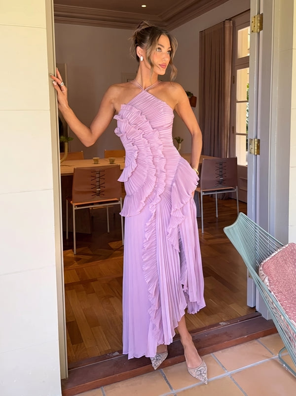Ruffled Pleated Halter Maxi Dress in lilac, styled in a doorway, VeroMarka
