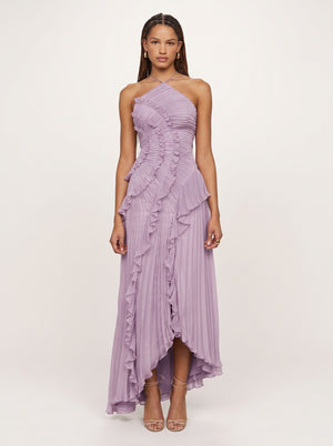 Ruffled Pleated Halter Maxi Dress in lilac, front view on model, VeroMarka
