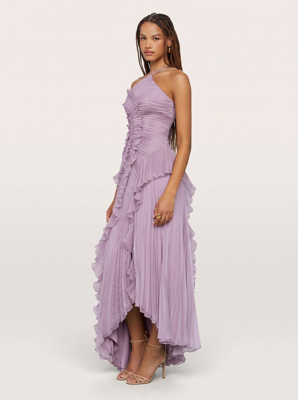 Ruffled Pleated Halter Maxi Dress in lilac, alternate three-quarter view on model, VeroMarka