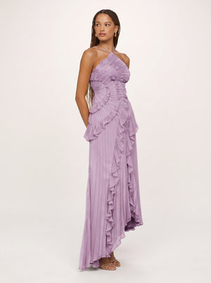 Ruffled Pleated Halter Maxi Dress in lilac, three-quarter view on model, VeroMarka
