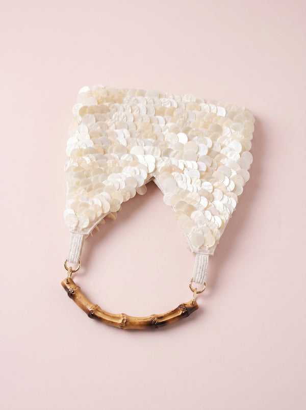 Sequin Bamboo Handle Hobo in ivory — shimmering sequins and bamboo handle, flat lay, VeroMarka