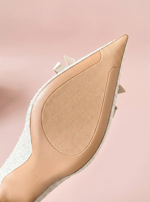 Sequin Bow Stiletto Heel in silver — crystal bow and glitter finish, sole view, VeroMarka