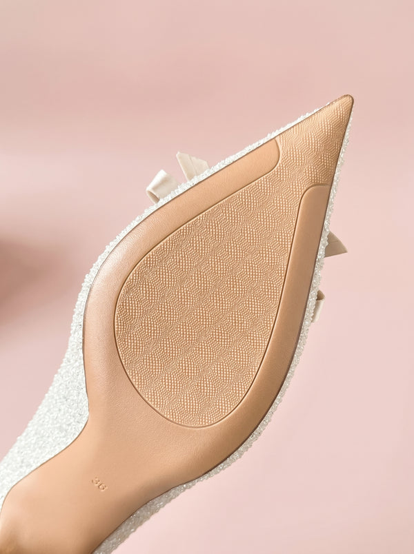 Sequin Bow Stiletto Heel in silver — crystal bow and glitter finish, sole view, VeroMarka