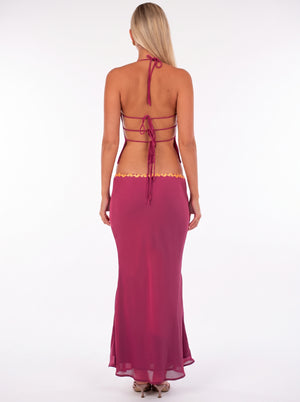 Sequin Floral Halter Set in fuchsia pink — sequin halter top with floral trim and maxi skirt, back view on model, VeroMarka