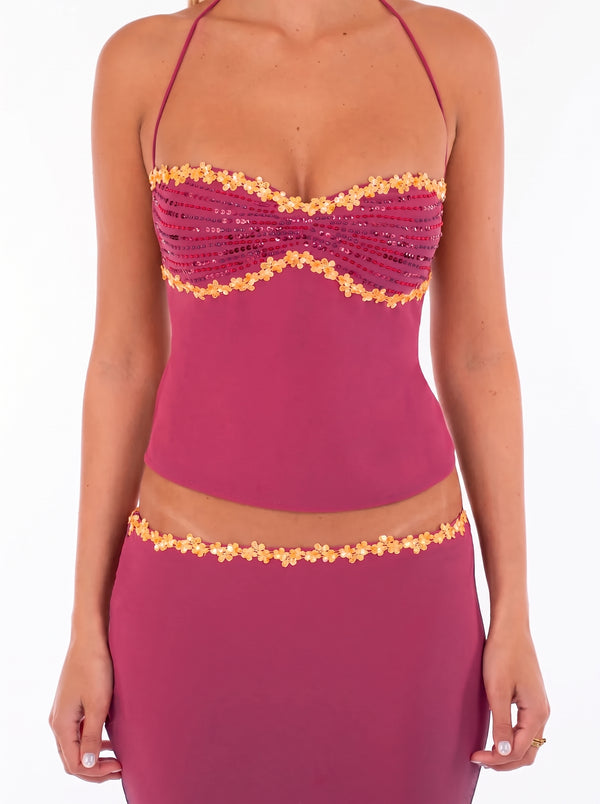 Sequin Floral Halter Set in fuchsia pink, close-up of the sequin halter top, VeroMarka