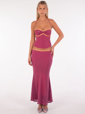 Sequin Floral Halter Set in fuchsia pink — sequin halter top with floral trim and maxi skirt, front view on model, VeroMarka