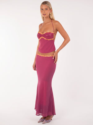 Sequin Floral Halter Set in fuchsia pink, three-quarter view on model, VeroMarka