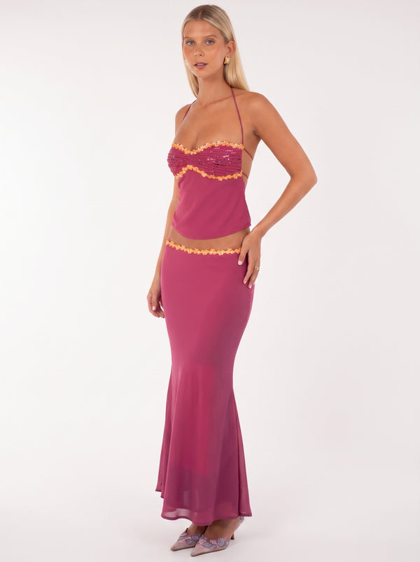 Sequin Floral Halter Set in fuchsia pink, three-quarter view on model, VeroMarka