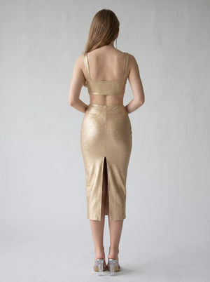 SeraphinaGold Metallic Cut-Out Midi Dress in gold — cut-out waist and back slit, back view on model, VeroMarka