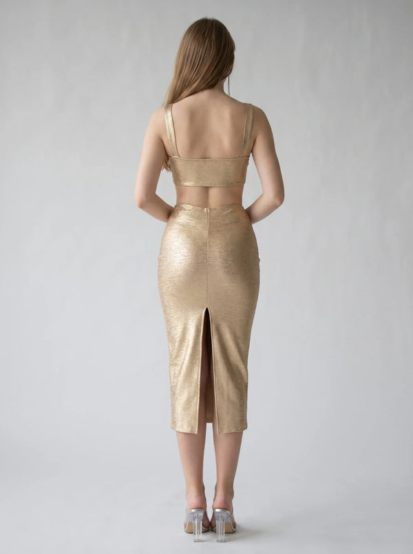 SeraphinaGold Metallic Cut-Out Midi Dress in gold — cut-out waist and back slit, back view on model, VeroMarka