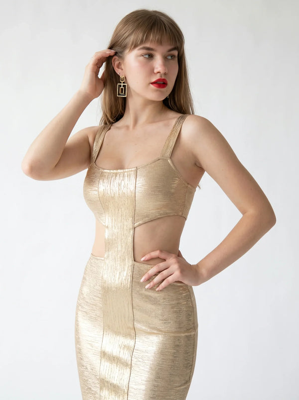 SeraphinaGold Metallic Cut-Out Midi Dress in gold — cut-out waist and back slit, close-up of the bodice on model, VeroMarka