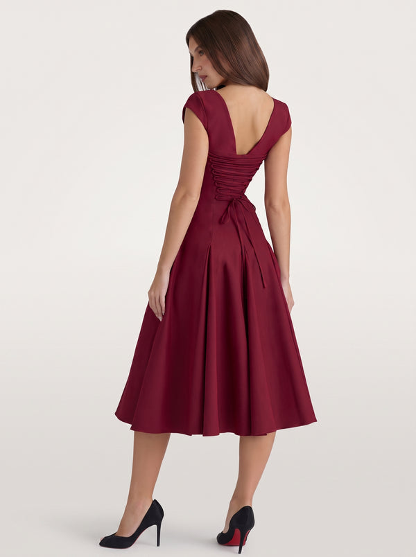 Square Neck A-Line Midi Dress in burgundy — cap sleeves, square neckline and full skirt, back view on model, VeroMarka