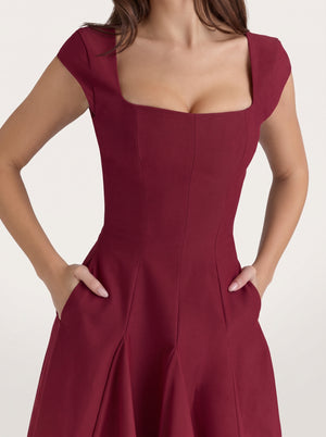 Square Neck A-Line Midi Dress in burgundy, close-up of the neckline and pockets, VeroMarka