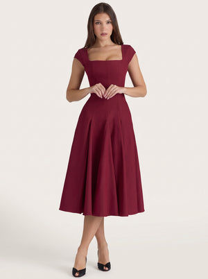 Square Neck A-Line Midi Dress in burgundy — cap sleeves, square neckline and full skirt, front view on model, VeroMarka
