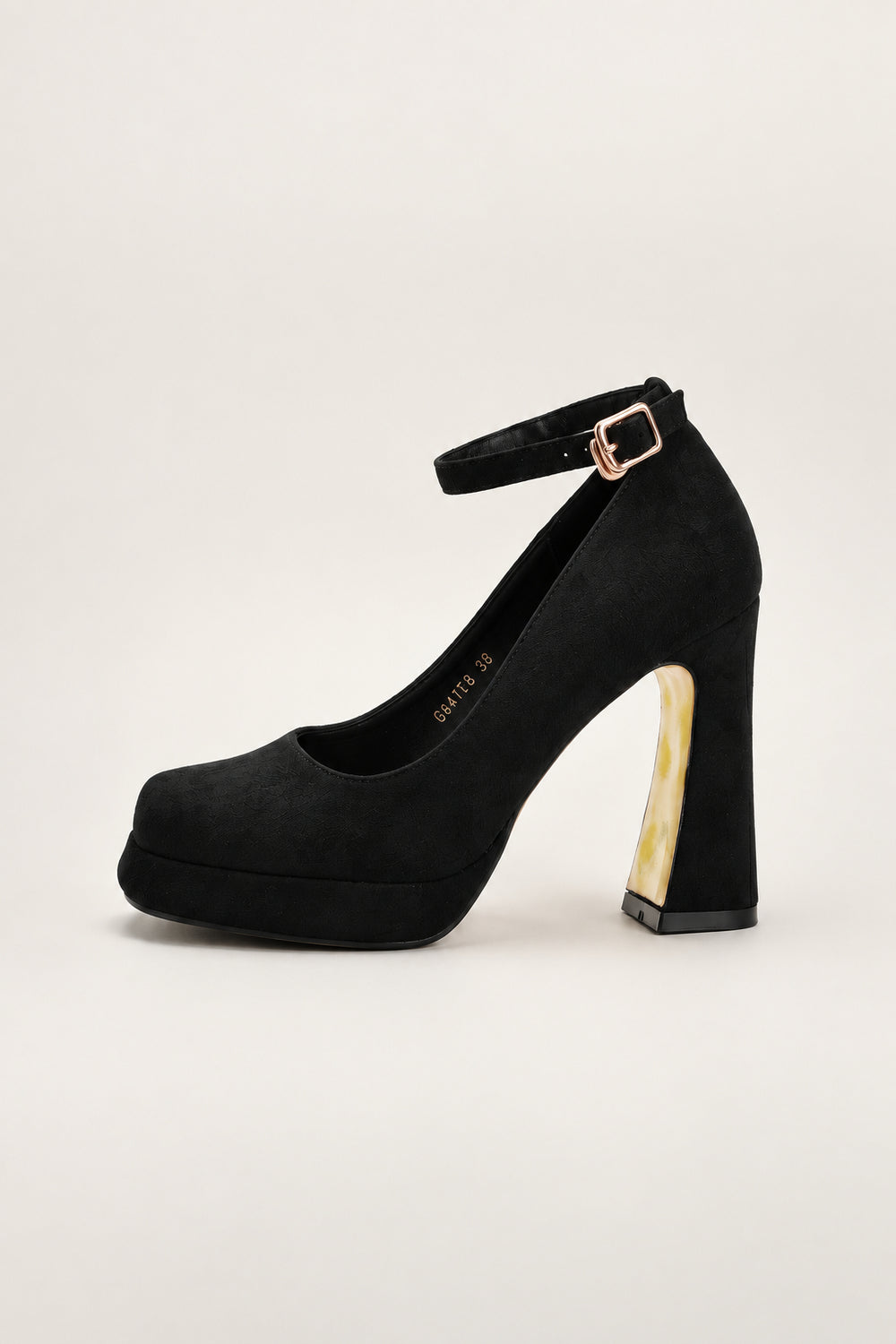 Square Toe Platform Heel in black — square toe, platform and ankle strap, side view, VeroMarka