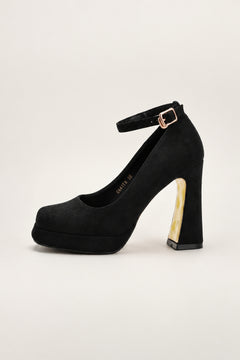Square Toe Platform Heel in black — square toe, platform and ankle strap, side view, VeroMarka