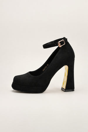 Square Toe Platform Heel in black — square toe, platform and ankle strap, side view, VeroMarka