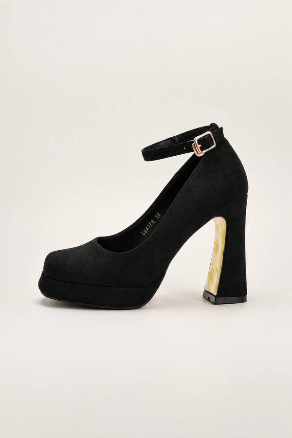 Square Toe Platform Heel in black — square toe, platform and ankle strap, side view, VeroMarka