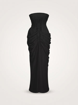 Strapless Black Ruched Slit Maxi Dress in black, back product shot on a plain background, VeroMarka