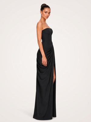 Strapless Black Ruched Slit Maxi Dress in black, side view on model, VeroMarka